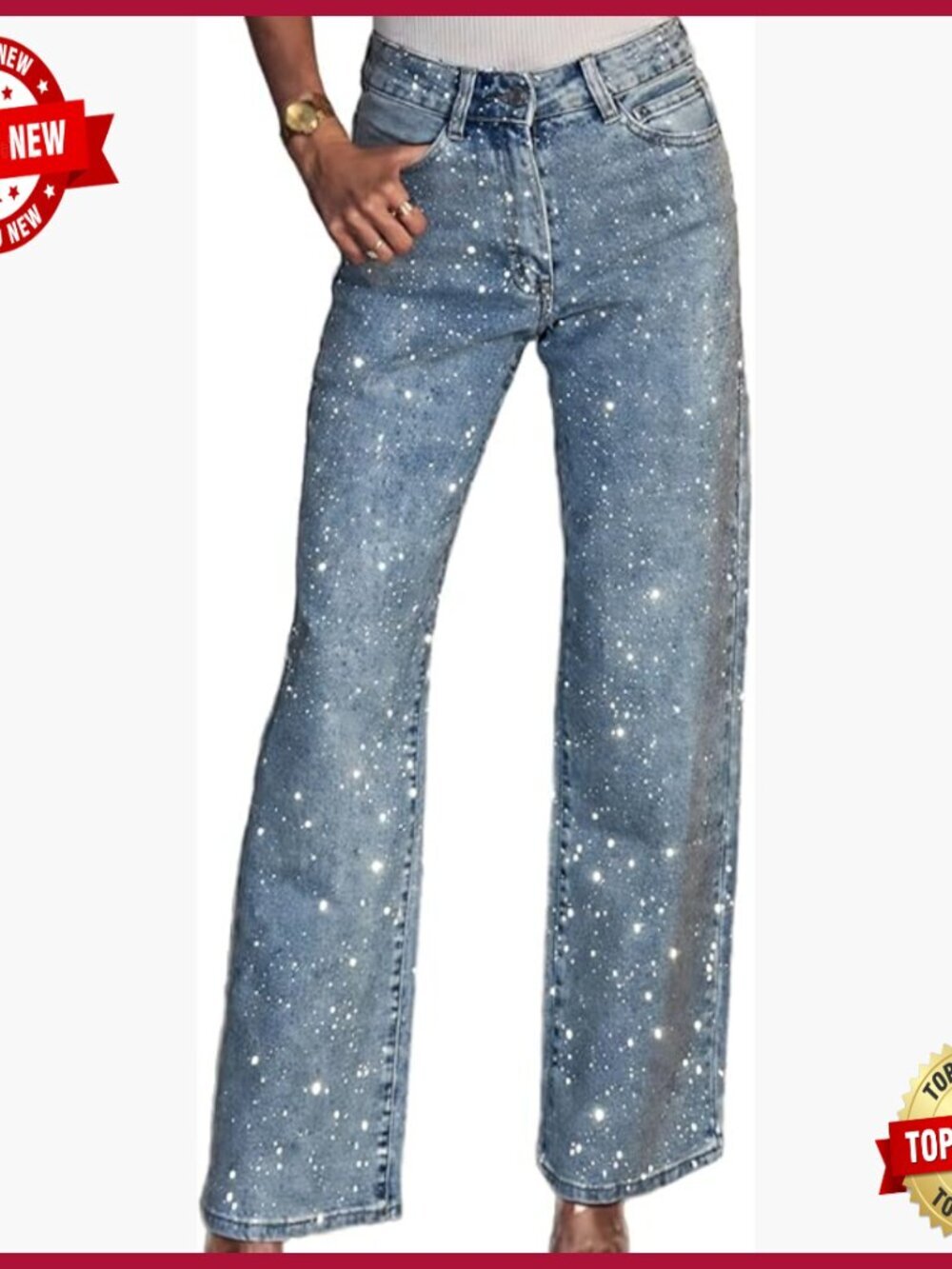 Wide Leg Jeans with Rhinestones, Polyester Spandex Blend, High Waisted